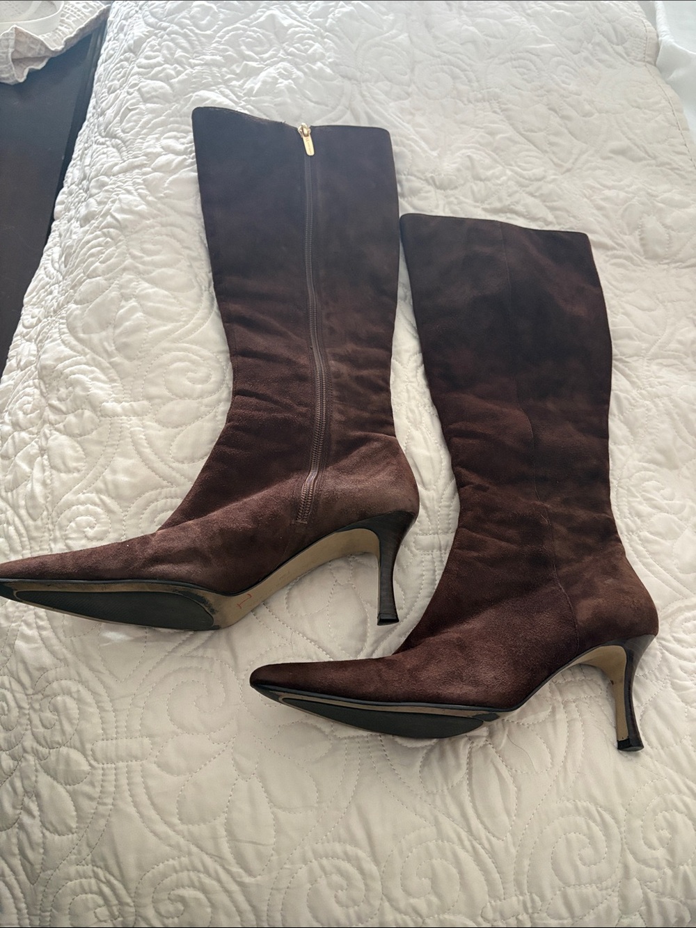 Anne Klein Dark Brown Suede Pointed-Toe Mid-Heel Boots